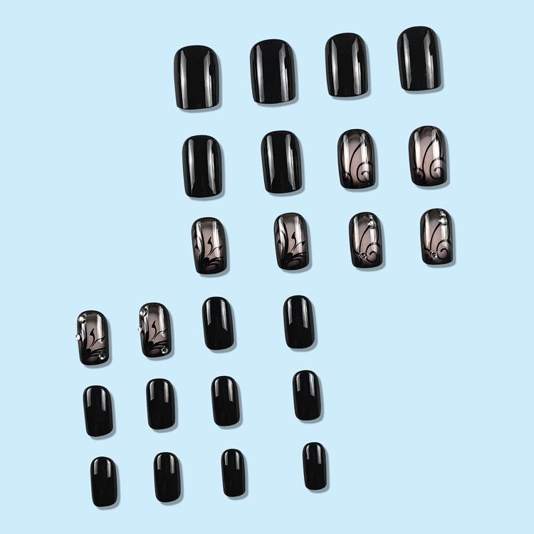 Black Press on Nails Short Square Fake Nails Black Vine Acrylic Glue on Nails Full Cover Glossy Nails Press ons Short Stick on Nails Summer Artificial Nails for Women Girls - 24Pcs