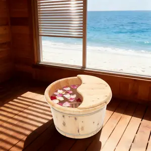 Cedar Wood Foot Bath Bucket with Massage Roller and Lid Insulated Deep Soak Tub for Home Spa Therapy Wood Color
