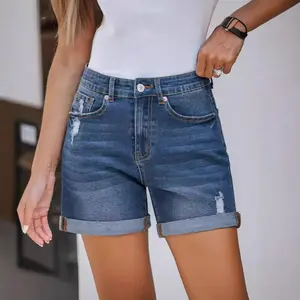 Denim Shorts Women's Casual Ripped Denim Shorts High Rise Distressed Rolled Hem Jeans Shorts Bottom Pants