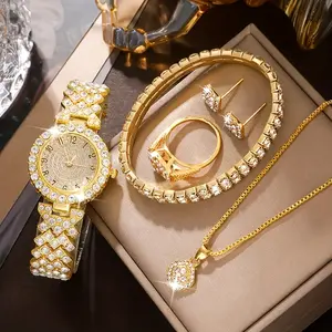 6 Pcs Round Rhinestone Quartz Watches Zinc Alloy Strap Zinc Alloy Pointer Zinc Alloy Dial And Rhinestone Bracelet Necklace Earrings Jewelry Ideal Christmas And New Year Gift For Friends And Family