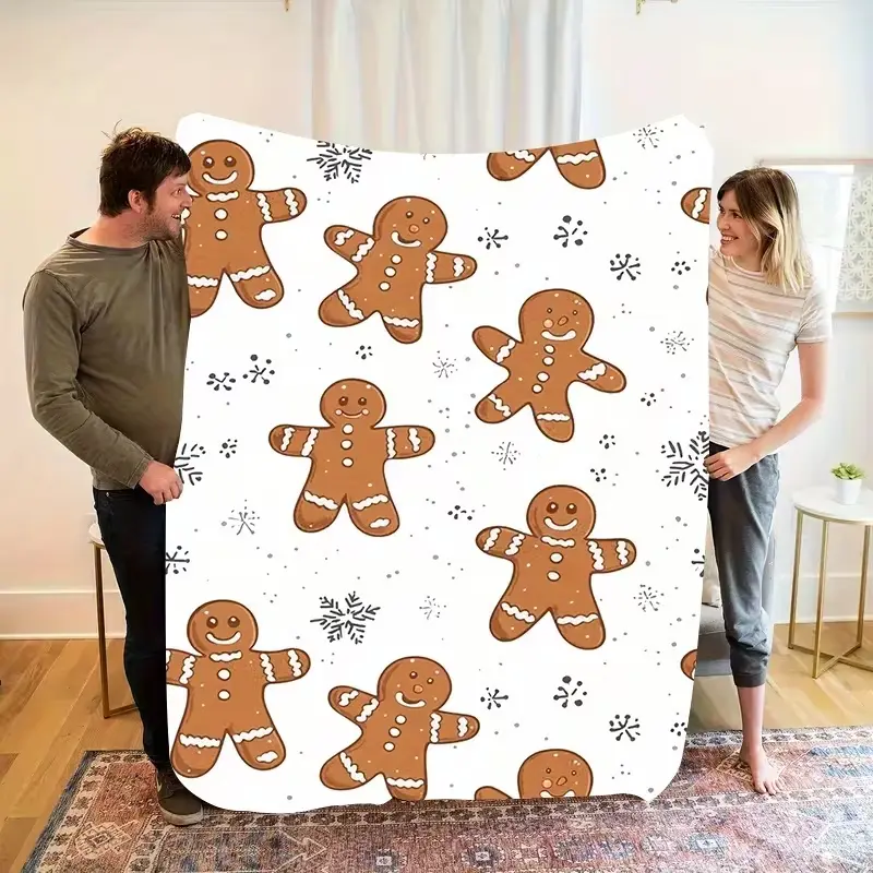 1pc Cozy Christmas Flannel Throw Blanket - Soft, Lightweight, All-Season Comfort with Festive Gingerbread Men, Snowflakes & Holiday Design for Bed, Sofa, Office, Travel & Gift, Christmas Blanket