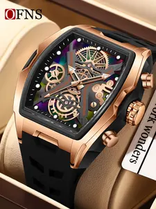 1Pcs Fashion Barrel shape Dial Design Men's Watches Waterproof, Top Brand Luxury Male Quartz Wristwatch, Trendy Retro Style Watch for Man, Silicone strap/ABS plastic case, Trend Men Business Watch, Holiday Birthday Gifts