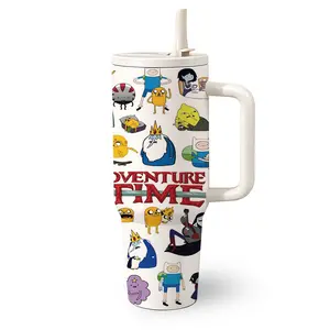 1 Pc 40 Oz Stainless Steel Water Cup, Vacuum Insulated Tumbler, with Handle and Foldable Straw, Adventure Time Character Collage Design, Double Wall Vacuum Insulated Thermal Mug, Hot 12H/ Cold 24H, Fun Drinkware, Father's Day, Birthday or Holiday Gift