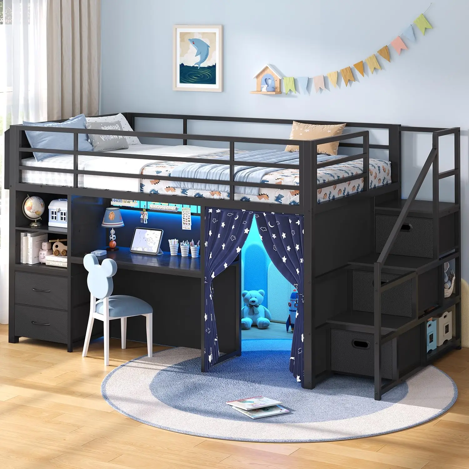 ADORNEVE Low Loft Bed Twin Size with Stairs and Privacy Curtain LED Loft Bed with Art Drawing Desk and 5 Drawers Loft Bed with Bookshelf and Safety Guardrail Under-Bed