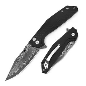 KLAKEN J284 NOIR, Damascus Blade With G10 Handle Button Lock EDC Folding Pocket Knife