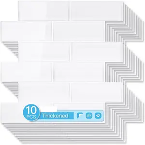 10-Pack Heavy-Duty Peel and Stick Backsplash, 12 x 12 Inch Vinyl Seaglass Subway Design Stick  Wall Tile for Kitchen Living Room  Decor, White