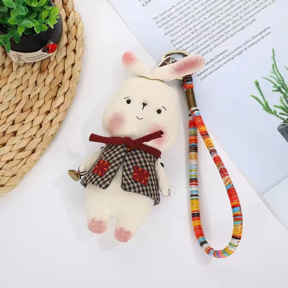 Vintage Handmade Embroidered Cloth Doll Keychain - Cute Plaid Floral Animal (Pig,Cat,Rabbit,Bear) Fabric Charm with Metal Ring, Retro Boho Decorative Bag Pendant, Women's Mini Luggage & Bag Accessory, Gift, Thick Linen