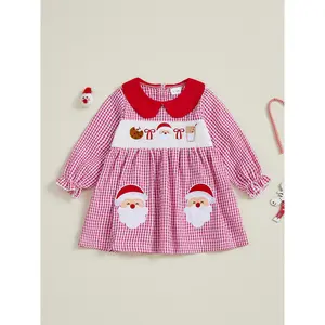 Toddler Baby Girls Plaid Dress Christmas Doll Collar Santa Embroidery Long Bubble Sleeve Dress