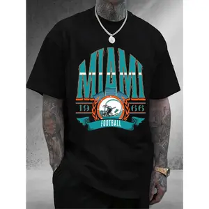 Mens Miami Football Team Graphic TShirt with Teal and Orange Accents Heavyweight Cotton Crewneck for Gym Casual Wear and Sports Fans