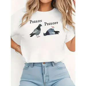 Funny Pigeon Pun "PIGEON PIGEOFF" Graphic T-Shirt, Women's Casual Crew Neck Tee, Cute Weird Party & Daily Streetwear