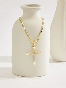 Fashion Vintage Luxury Nail Cross Pendant Necklace, Copper Plated 14k Zirconia Charm Religious Jewelry Gift