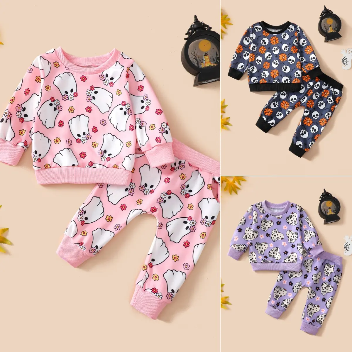 Kids Ghost Print Long Sleeve 2 Piece Pajama Set Soft Cotton Halloween Sleepwear for Boys Girls
