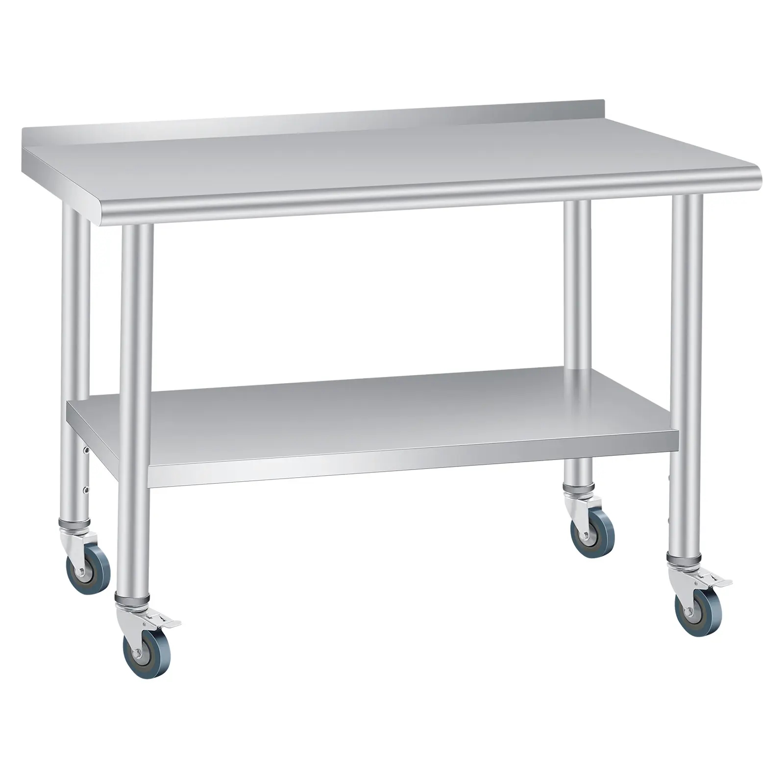 Stainless Steel Prep Table, Multiple Sizes, with Backsplash, Adjustable Undershelf and 4 Caster Wheels, Commercial Heavy Duty Table with Adjustable Under Shelf for Outdoor Use,Restaurants,Hotels,Works
