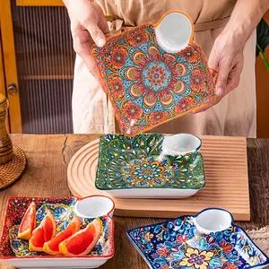 Bohemian Ceramic Dinner Plate with Sauce Dish, Modern Ceramic Plates, 4 Counts/set Rectangle Decorative Dipping Sauce Plate, Multi-compartment Serving Tray for Dumplings, Fruits, Modern Ceramic Dinnerware