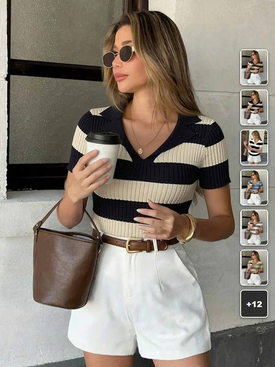Polo Knit Top Contrast Stripe Short Sleeve Streetwear Summer Outfit