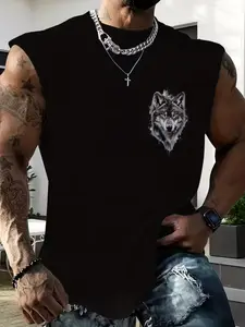 Men's 3D Geometric Wolf Print Sleeveless Vest, Casual Sporty Vest, Loose Fit Summer Fitness Casual Shirt, Comfortable Sportswear, Sleeveless Gym Tops