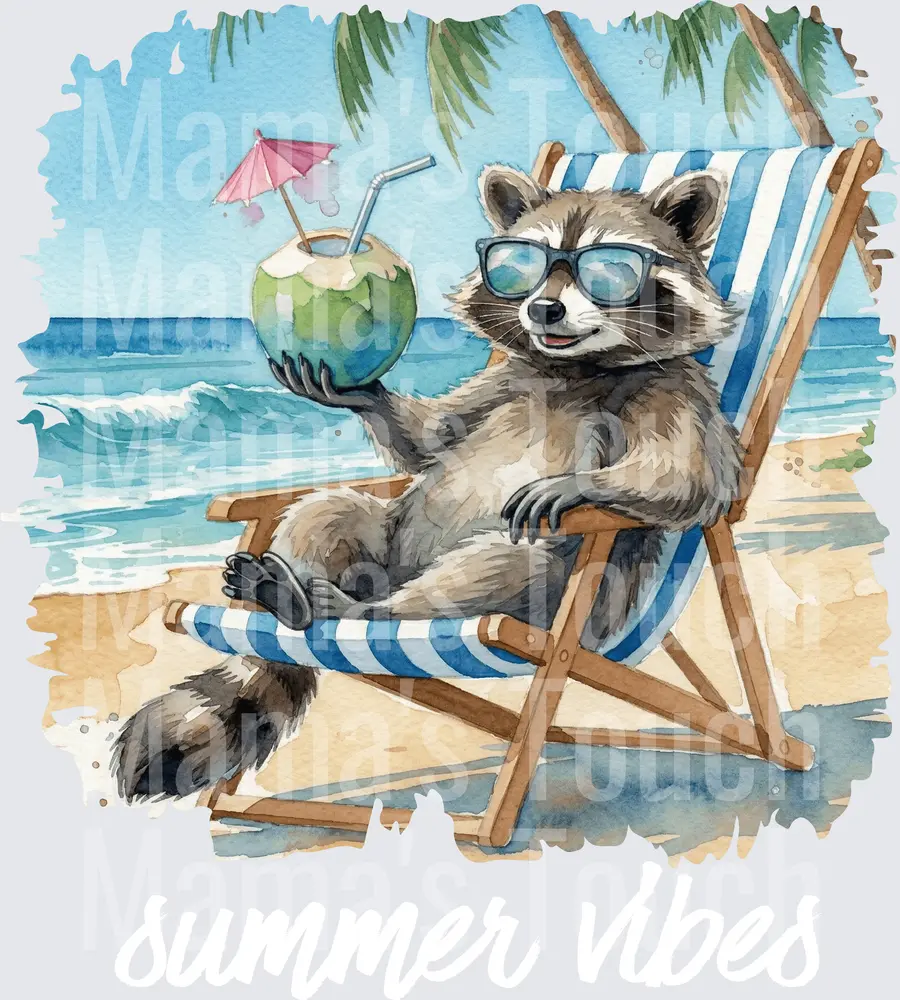 Cool Raccoon in Sunglasses Relaxing on Beach Chair with Coconut Drink