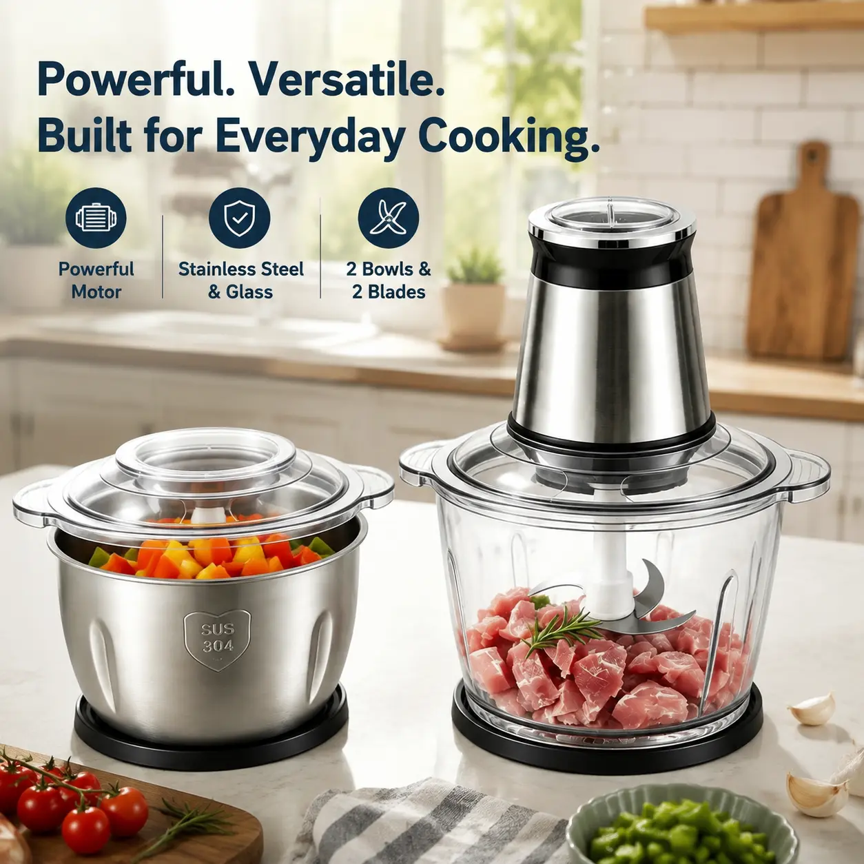 Mini Electric Food Processor & Chopper, 400W Pure Copper Motor Meat Grinder with 2 Bowls, 2 Sharp Blade Sets for Meat, Vegetables, Fruits