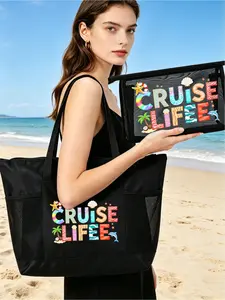 Large-capacity Oxford cloth handbag set printed with patterns of shells, coconut trees, starfish and dolphins themed on "Cruise Life". It includes a multi-functional beach bag, a portable mesh makeup pouch and makeup case, a nurse bag, and a training bag