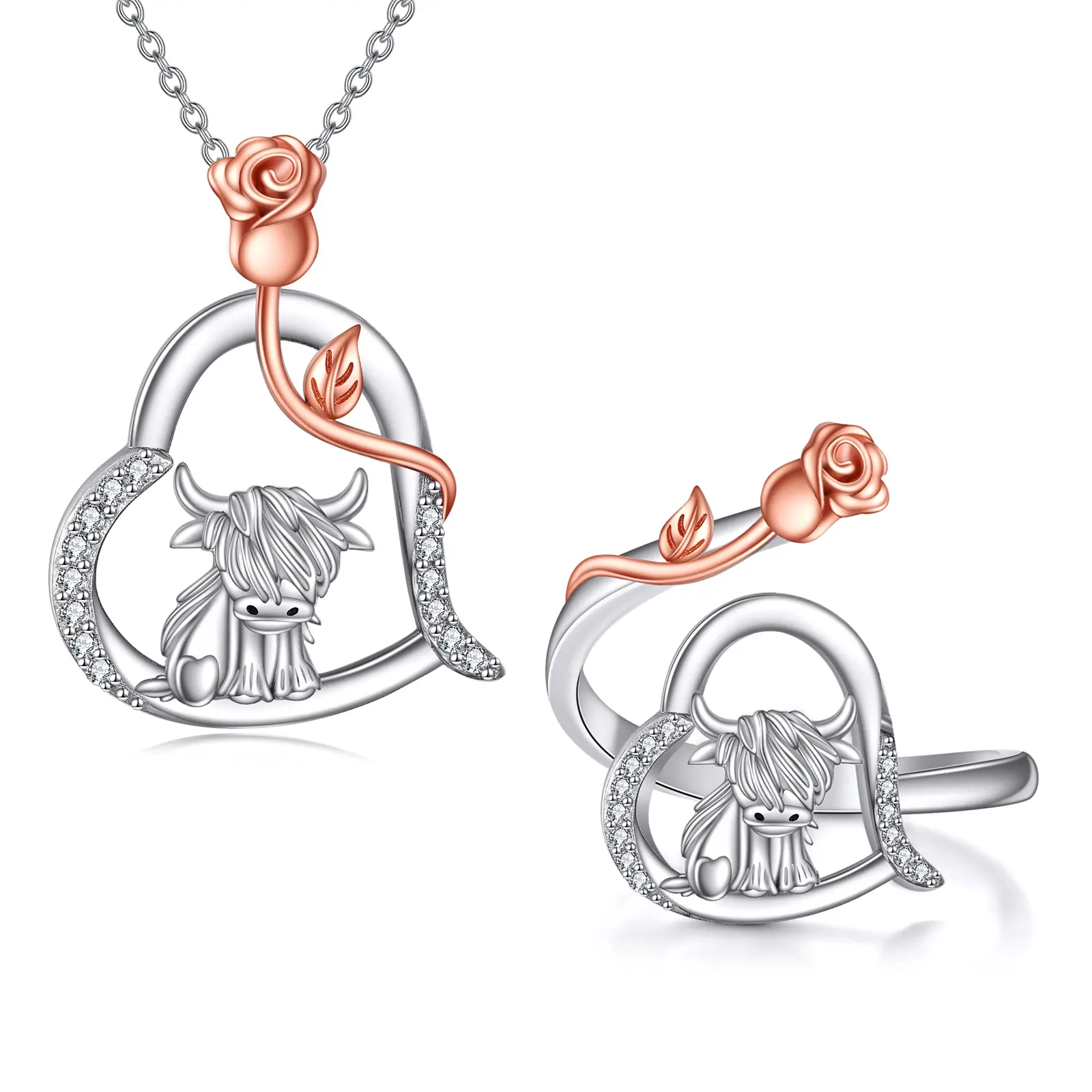 Gift To My Beautiful Wife& Daughter S925 sterling silver alpine bull rose pendant necklace ring set ring open ring applicable size 6-9 size This set is suitable for any gift giving holiday can be purchased as a set or separately