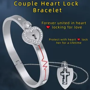 Heart-shaped lock bracelet and key pendant necklace stainless steel jewelry set - the perfect gift for your loved one, with 'I love you' in 100 languages, a perfect Valentine's gift