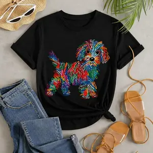 Colorful Doodle Dog Graphic Tee Cute Pet Lover Shirt Aesthetic Puppy Sketch Unisex Casual Wear Gift for Dog Owners
