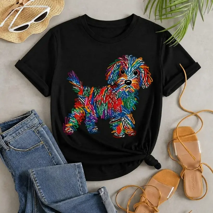 Colorful Doodle Dog Graphic Tee Cute Pet Lover Shirt Aesthetic Puppy Sketch Unisex Casual Wear Gift for Dog Owners