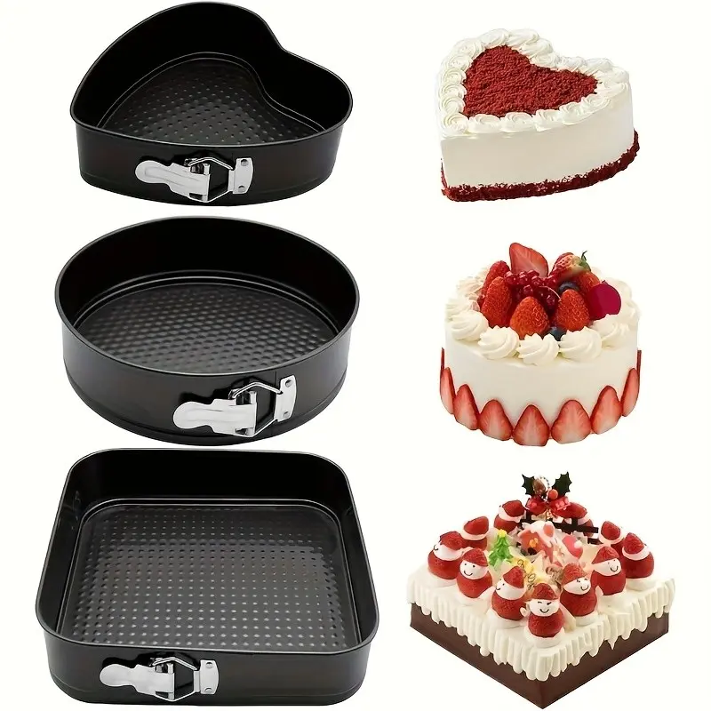 3-Piece Cake Mould Set Heart Round Square Non-Stick Carbon Steel Leakproof Detachable Base for Cheesecake Cakes Desserts Baking Pan Baking Molds Baking Supplies