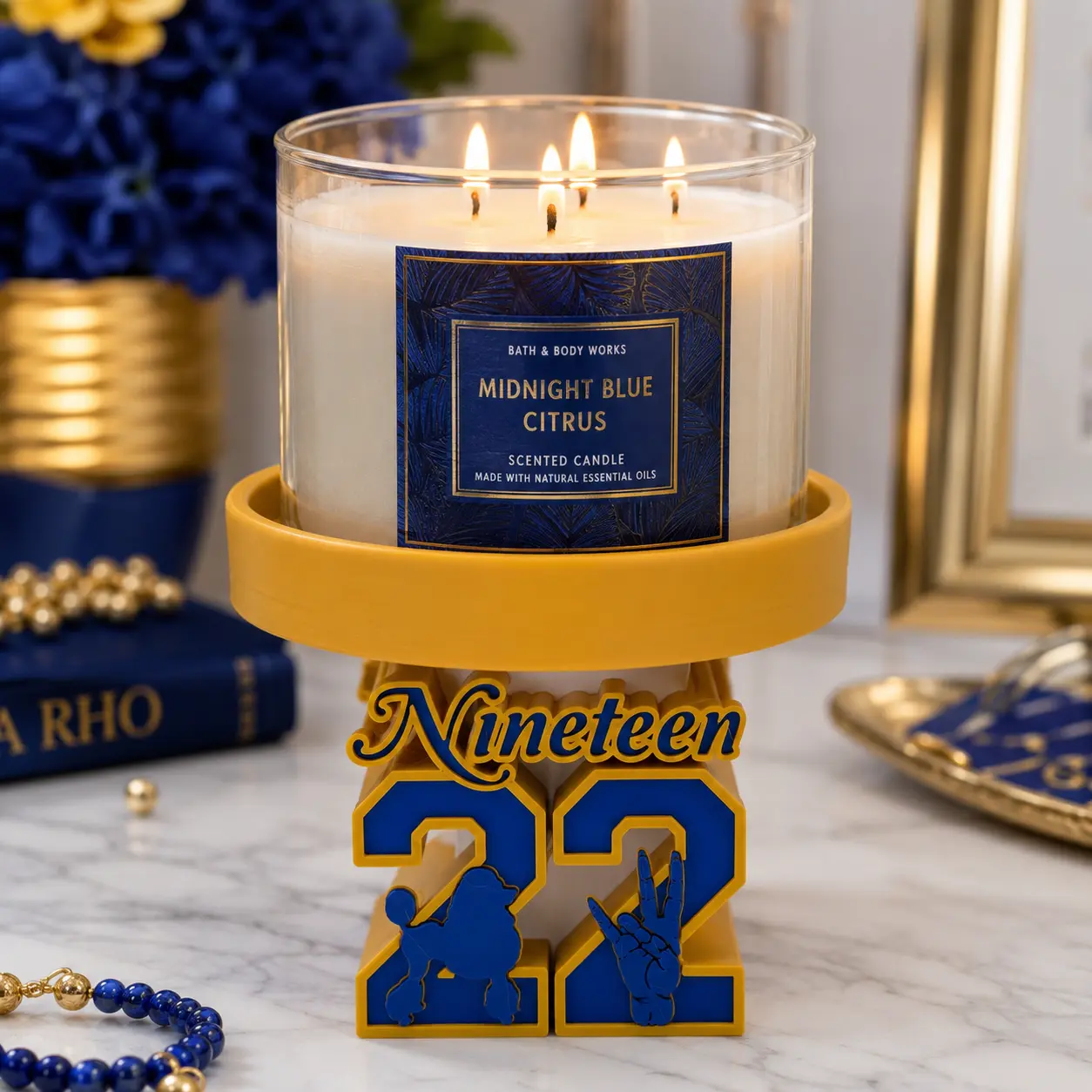 Sigma Gamma Rho Candle Holder | SGRho 1922 3-Wick Candle Stand | Blue & Gold Sorority Gift | Fits Bath & Body Works 3-Wick Candle