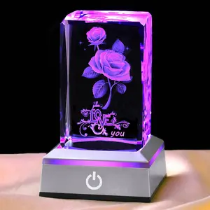 3D Rose Love Crystal Night Lamp with Adjustable LED  Colorful Lights for Girlfriend, Decoration Gift with Switch, Ornaments for Wife - Valentine's Day, Anniversary,Surprise Birthday Presents, Christmas Decor Gifts for Her
