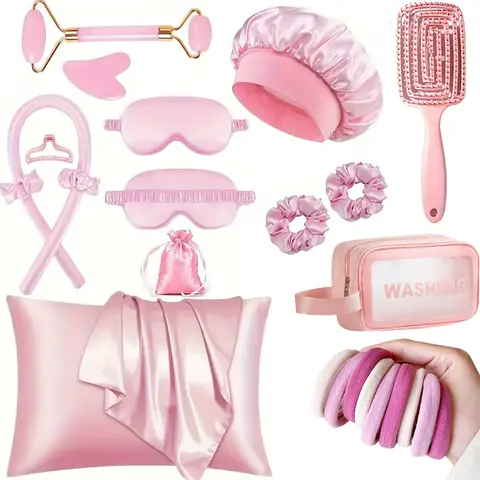 Women's Soft 23-Piece Hair Accessory Set - Satin Pillowcase Sleep Kit (Sleeping Eye Mask, Scrunchies, Headbands, Hair Clip, Quartz-Roll Smooth) - Accessories for Women, Gifts for Girly Girls, Cute Girly Gifts (Black, Pink Options)