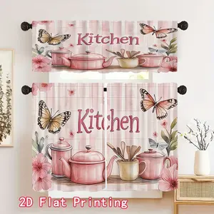2D Flat, 3pcs Bohemian Kitchen Curtains Filtering Valance Window Panels with Tableware Letter Print & Valance Trim - Rod Pocket Suitable for Home, Cafe,, Machine Washable Curtains for Modern Window Decor, 2D Flat Foldable Colorful Room Divider living