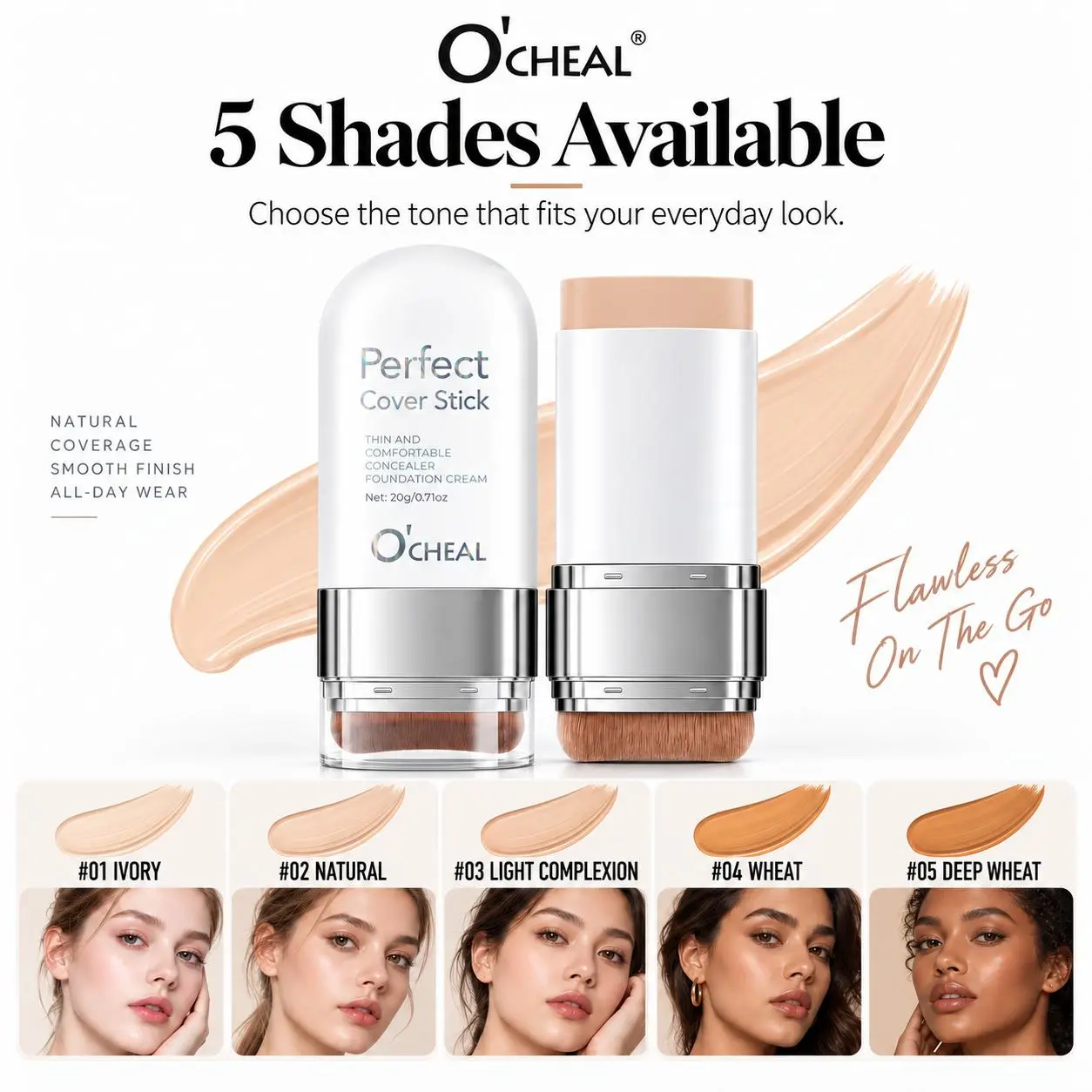 5-Color Dual-End Concealer Foundation Hybrid Stick, Lightweight Makeup for Adults, Multiple Shades, Acne Mark Coverage, Nose Contour, All Skin Types, Flawless Finish, Small Size Fits Daily Bags, Versatile Tool, Daily Gift