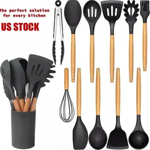 12-Piece Kitchen Silicone Utensil Set with Heat-Resistant Wooden Handles, Nonstick Cooking Utensils, Black