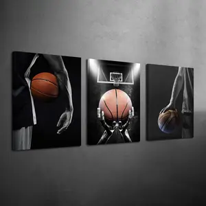 3 Piece Wood Framed Canvas Basketball Themed Wall Art, Wooden Wall Art, Boys Room Poster, Basketball Decor, Ready To Hang, Wall Painting For Gift, Wall Decor For Living Room, Bedroom, Home And Dormitory