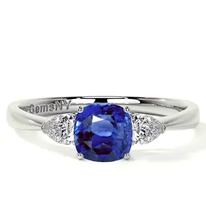 Square Cushion Blue Sapphire Three Stone Ring With Pear Shape Side Diamonds (1.09cttw)- RBS061-5X5-AAA