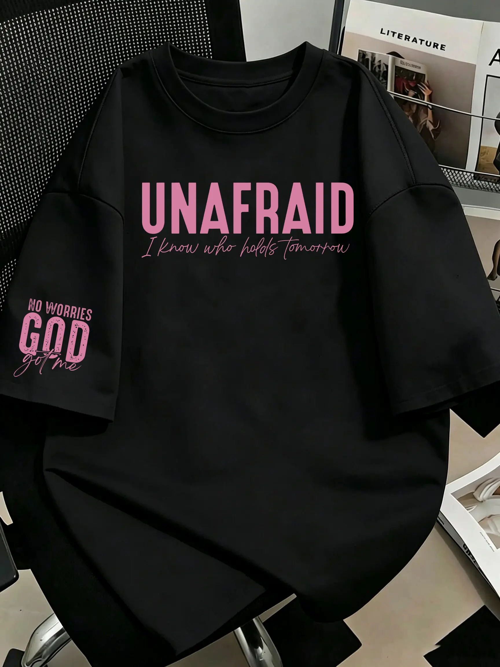 UNAFRAID I Know Who Holds Tomorrow No Worries God Got Me Pink Text Graphic Oversized T‑Shirt | Soft Girl Minimal Christian Faith Unisex Loose Casual Short‑Sleeve Top