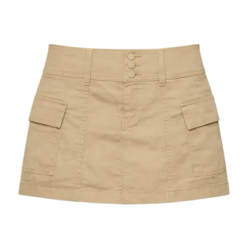 Khaki Cargo Mini Skirt with Front Pockets and Button Closure for Women