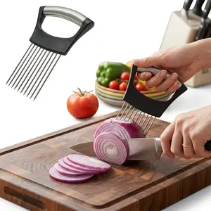 Premium Stainless Steel Onion Slicer Holder for Slicing Vegetables Fruits and Meat, Manual Onion Cutter for Tomato Potato Lemon Avocado Kiwi Egg, Ergonomic Handle Dishwasher Safe Kitchen Tool Silver