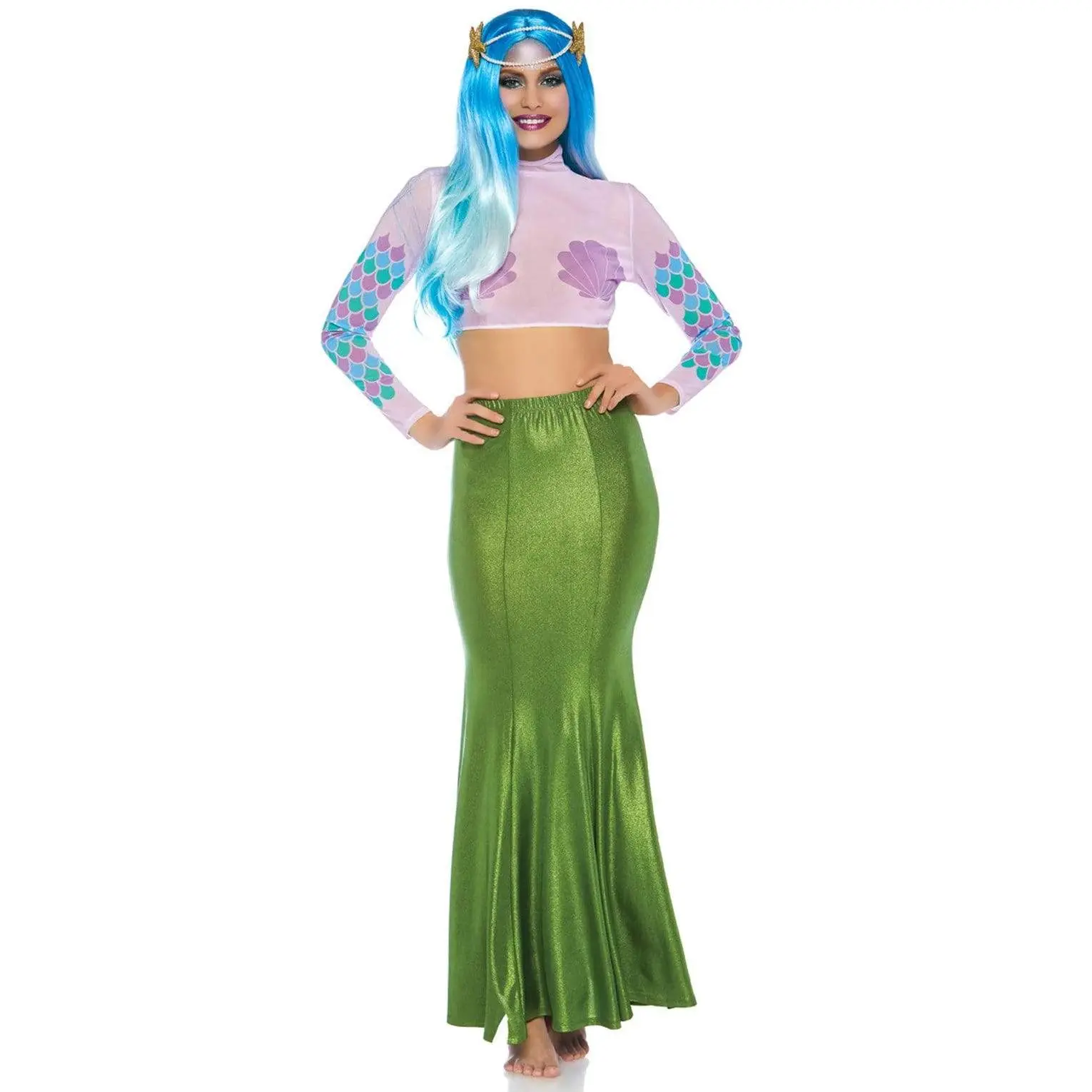 Women's Shimmer Spandex Mermaid Cosplay Maxi Skirt - Premium Fabric, Sexy Vibe, School Costume, Family Event, Mythical Themed Comic Event Wear, Clothes, Shell, Mermaid Costume, Straight, Bottom, Modest, Stretchy, High Waist, Fits