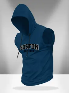 Men's Regular Fit "Boston Est. 1967" Print Hooded Tank Top, Casual Sleeveless Hoodie for Summer, Fashion Men's Clothes for Daily Wear, Sweatshirts