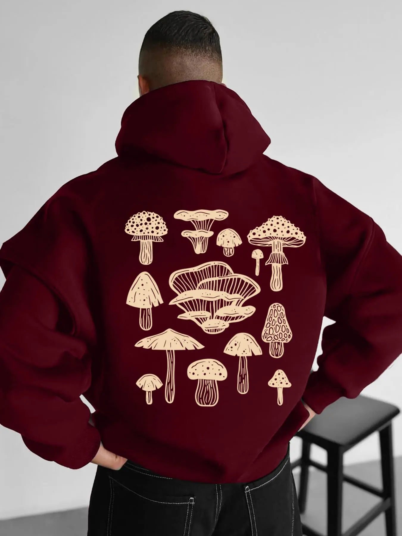 Men's Mushroom Print Drop Shoulder Thermal Lined Hoodie, Fashion Casual  Drawstring Pocket Hooded Sweatshirt for Daily Holiday Outdoor Wear, Men Clothes for Fall & Winter