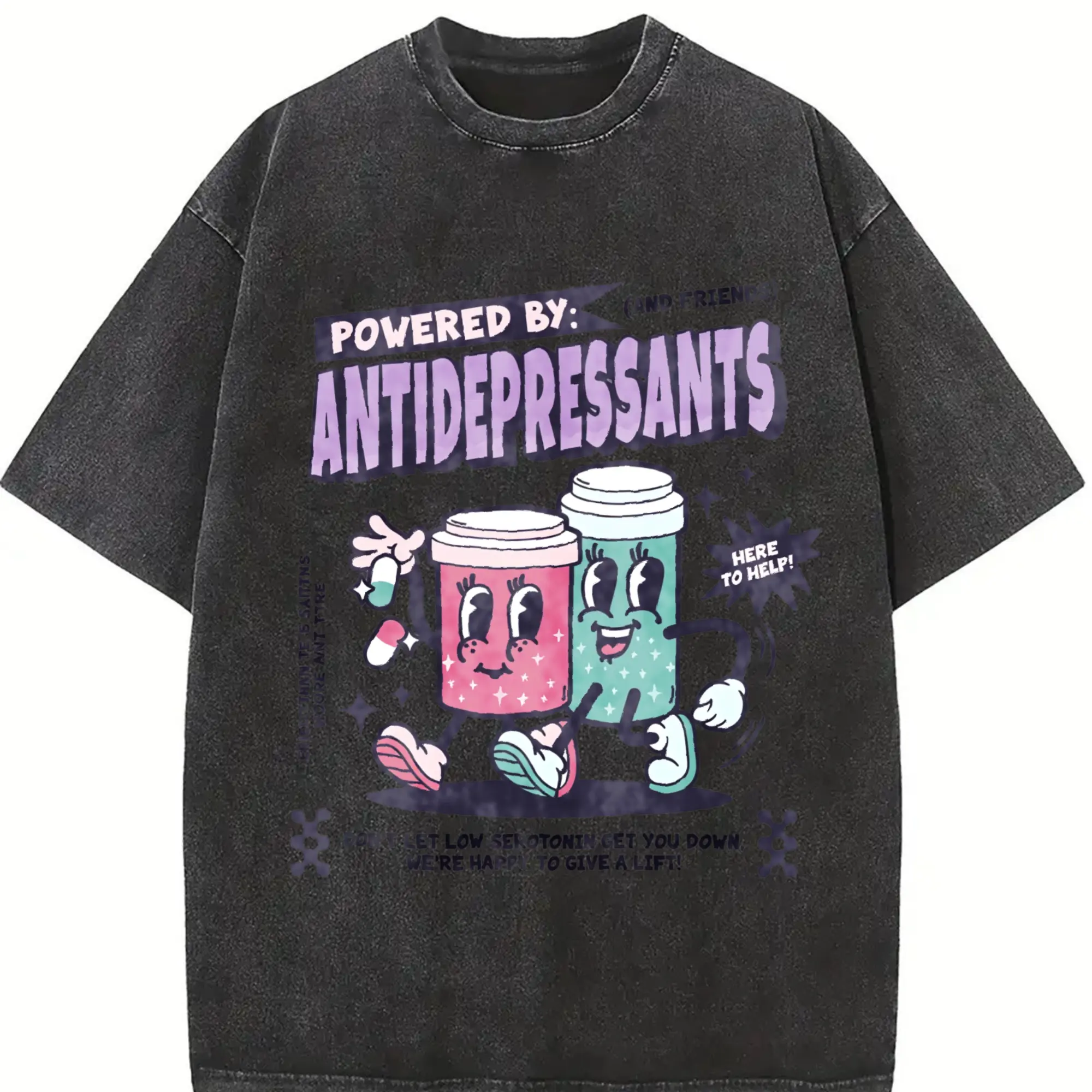 Retro Powered By Antidepressants Shirt, Funny Mental Health Shirt, Cute Depression Shirt Anxiety Shirt Dark Humor Cotton Light