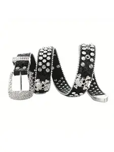 Sparkling Rhinestone Skull Belt, Hip Hop Punk Black Wide Belt, Unisex Rhinestone Rivet Belt, Punk Style Belt