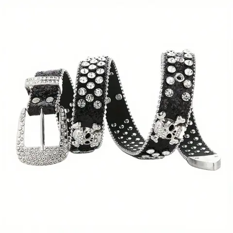 Sparkling Rhinestone Skull Belt, Hip-Hop Punk Black Wide Belt, Unisex Rhinestone Rivet Punk Fashion Belt, Cool Belts