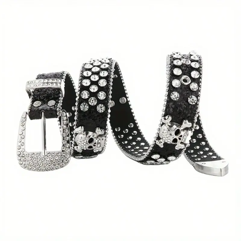 Sparkling Rhinestone Skull Belt, Hip-Hop Punk Black Wide Belt, Unisex Rhinestone Rivet Punk Fashion Belt, Cool Belts