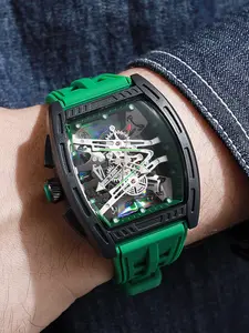 Men's Quartz Watch with Hollow Barrel Design, Multi-Color Silicone Strap, Trendy Sports Wristwatch, Analog Face, All Seasons, Tonneau Skeleton Watch