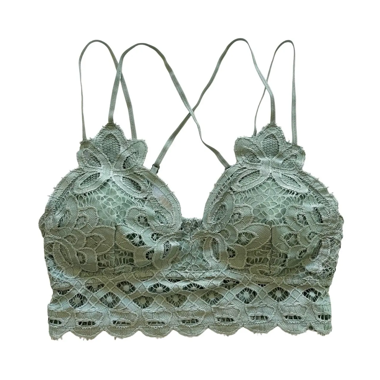 Dusty Sage Crochet Bralette - No Wire, Adjustable Straps, Removable Padding