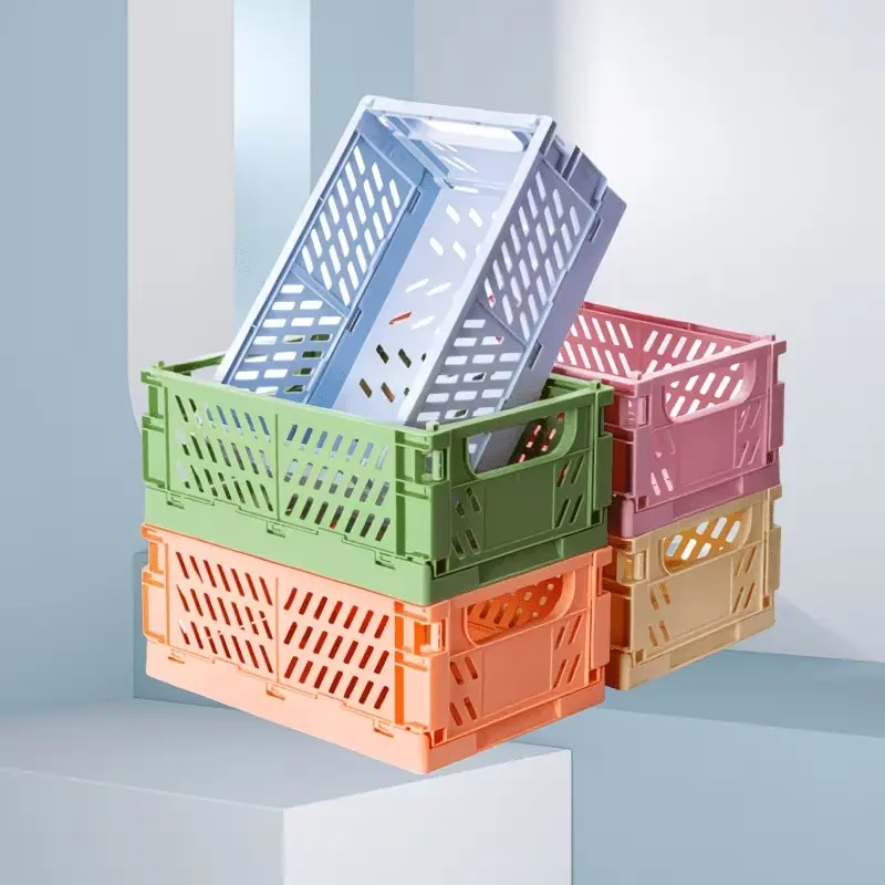Set of 5 Foldable Plastic Storage Baskets with Handles, Stackable Organizer Boxes for Desk Office Bedroom Use, Durable Multifunctional, Collapsible Storage Baskets