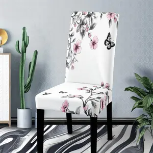 A polyester chair cover, Dining Chair Slipcover, with a white base, pink floral pattern, and black butterfly design, featuring an elegant pastoral style, ideal for decorating dining room or living room chairs.